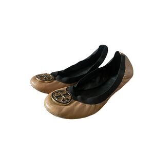 Tory Burch Ballet Slipper Flats Shoes Tan Brown Black Size 8